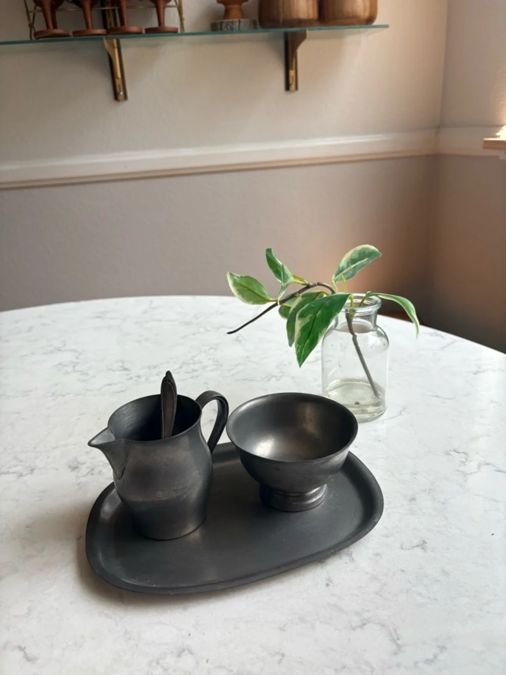 Vintage Pewter Creamer and Sugar Set with Tray and spoon